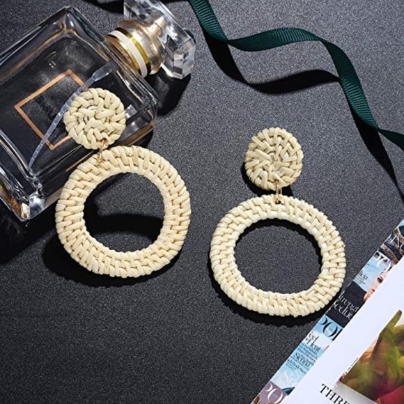 Weave Straw Double Disc Drop Earrings Boho Rattan Dangle Statement - Picture 4 of 7